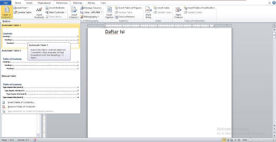 cara membuat daftar isi word